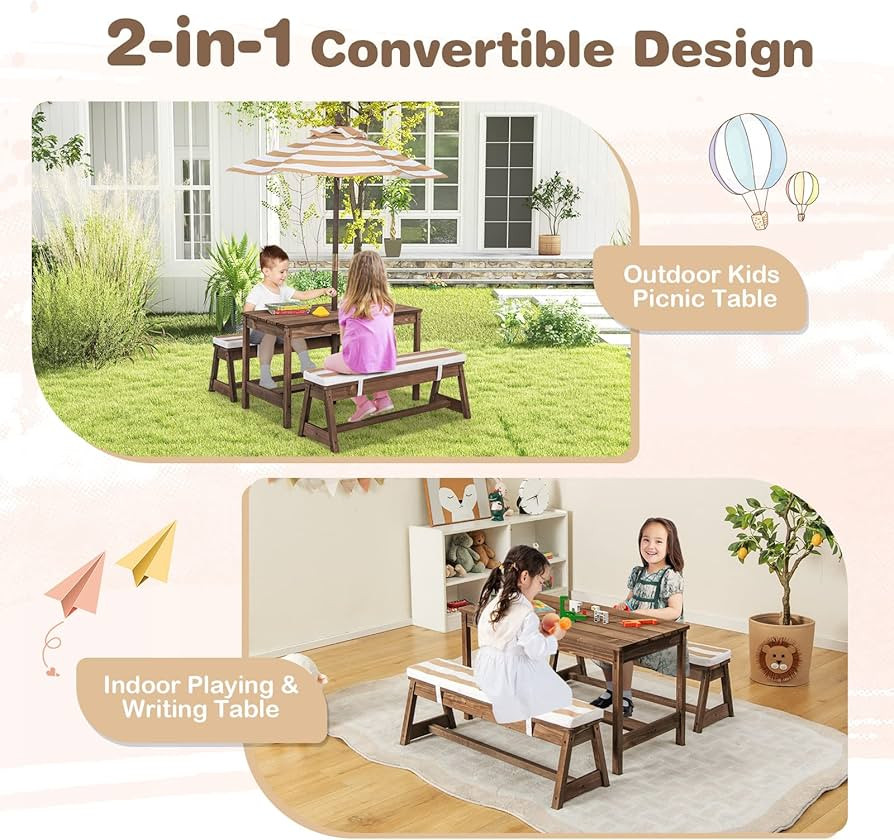 HONEY JOY Kids Picnic Table, Outdoor Wooden Table & Bench Set w/Removable Cushions and Umbrella, ... | Amazon (US)