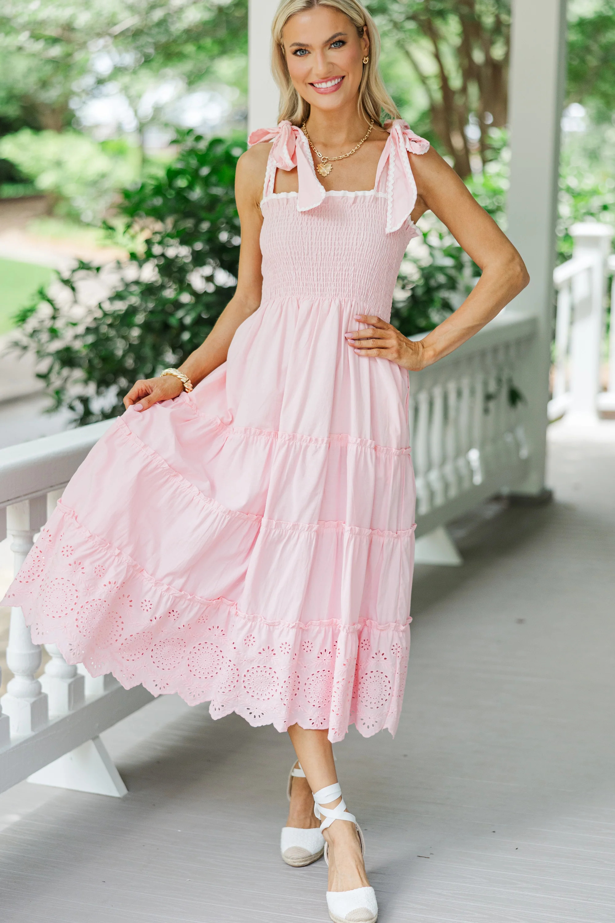 On Top Of The World Pink Eyelet Midi Dress | The Mint Julep Boutique