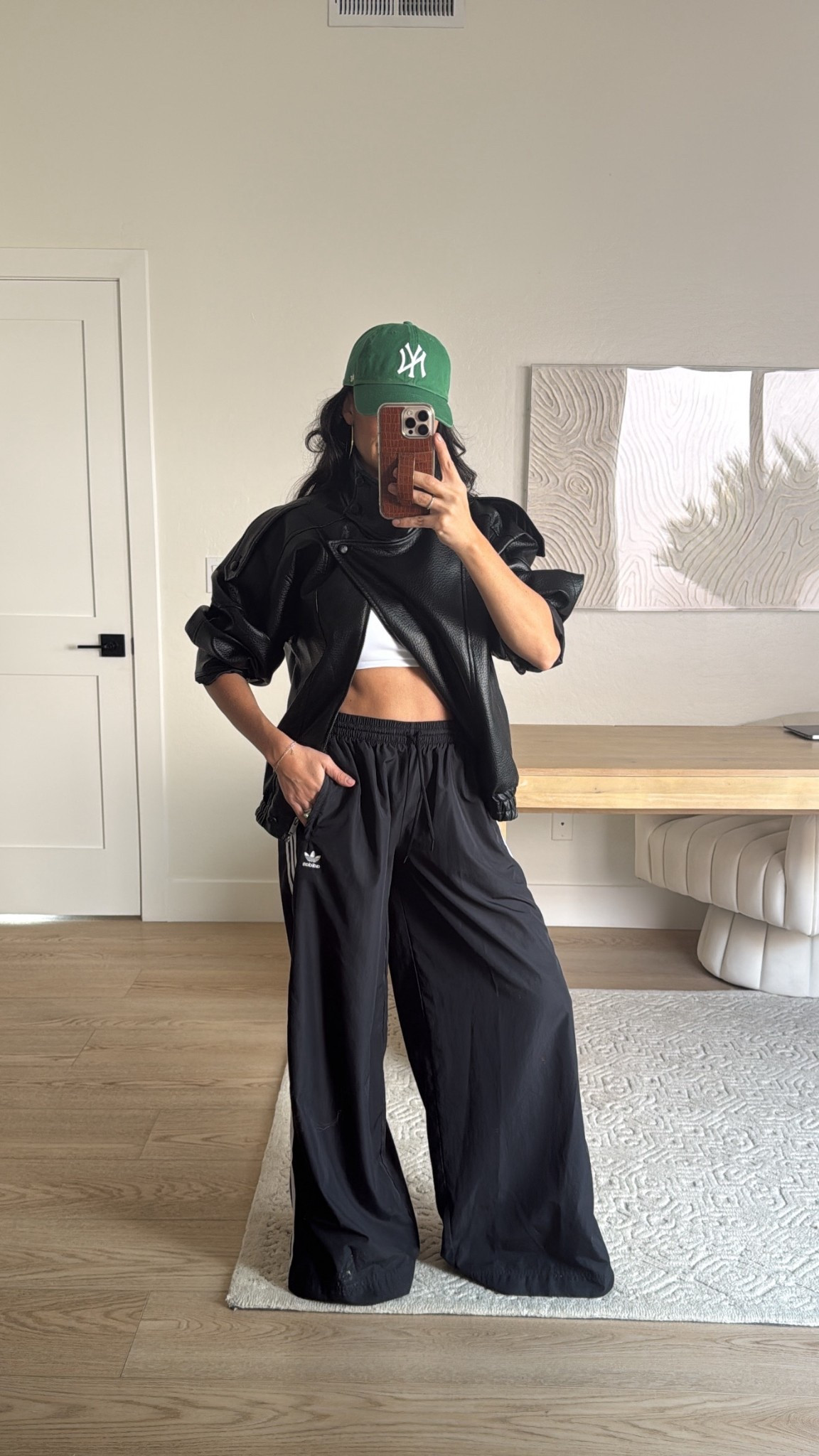 Vegas outfits coming in hot!
Yankee dad hat 
Mock neck leather jacket 
Adidas track pants 

Street outfit 
Active outfit

#LTKfitnessgoals #LTKootd #LTKdayinmylife
