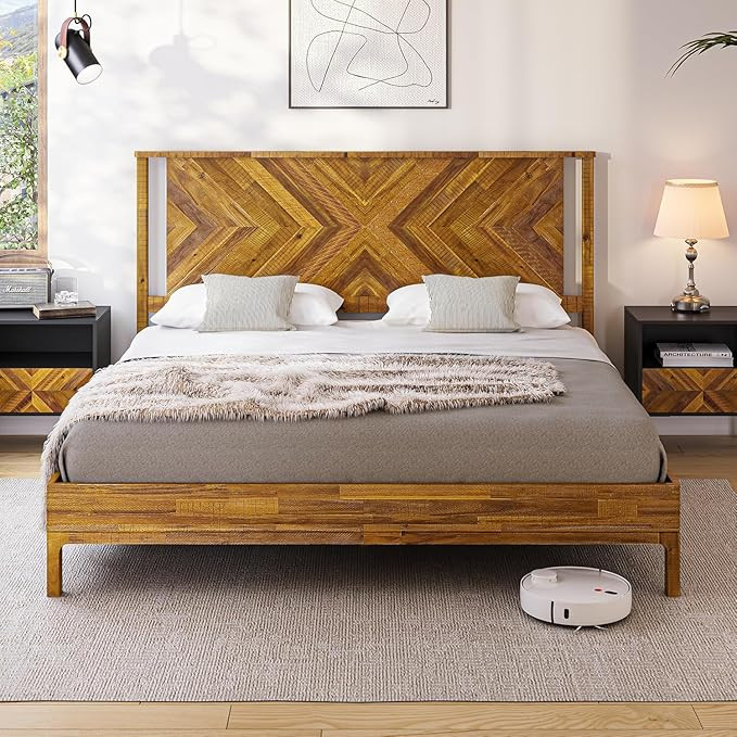 Bme Vivian 14 Inch Deluxe Bed Frame with Headboard, Rustic & Scandinavian Style with Solid Acacia... | Amazon (US)