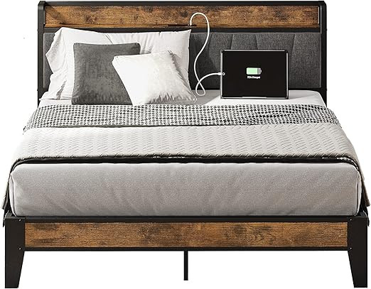 LIKIMIO Full Bed Frame, Storage Headboard with Charging Station, Solid and Stable, Noise Free, No... | Amazon (US)