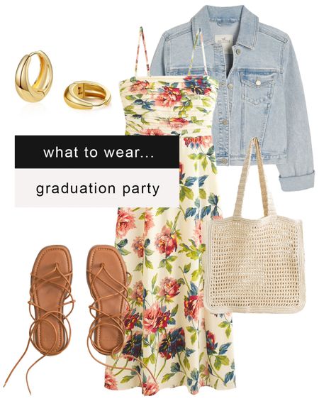 What to wear to a graduation party?  Floral midi sundress, denim jacket, lace up flat sandals, crochet tote bag, gold chunky hoop earrings. #summer #over40style #graduationparty #summertrends2024 #abercrombie

#LTKFindsUnder100 #LTKOver40 #LTKParties