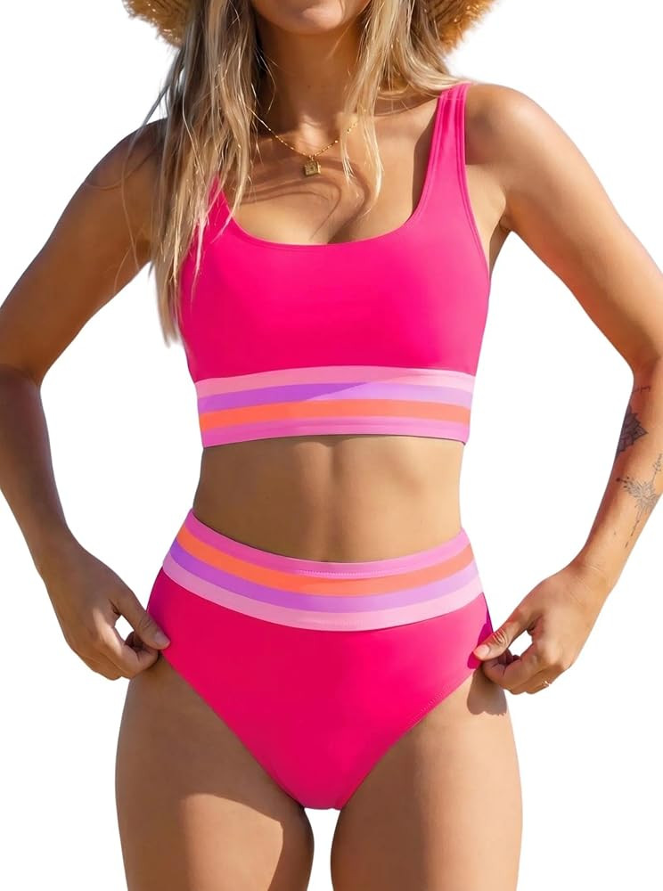 popvil Womens High Waisted Bikini Sets Two Piece Neon Tummy Control Swimsuit 2026 Sporty Rainbow ... | Amazon (US)