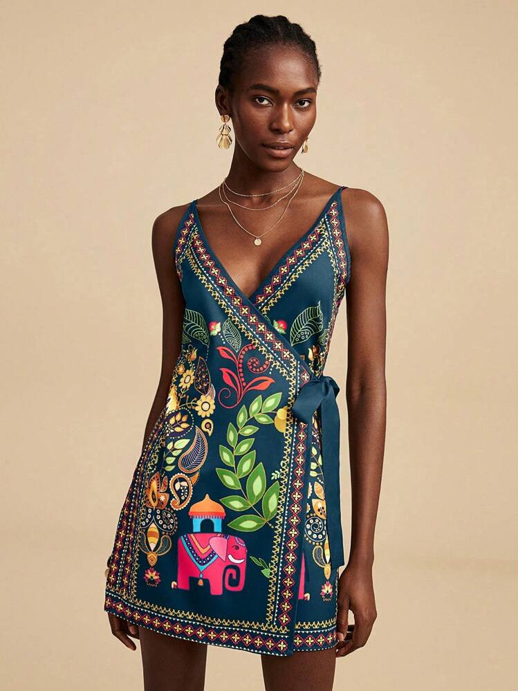 Travachic Women's Resort Plant Print Tie-Knot Cami Mini Dress,Bohemian Clothes | SHEIN