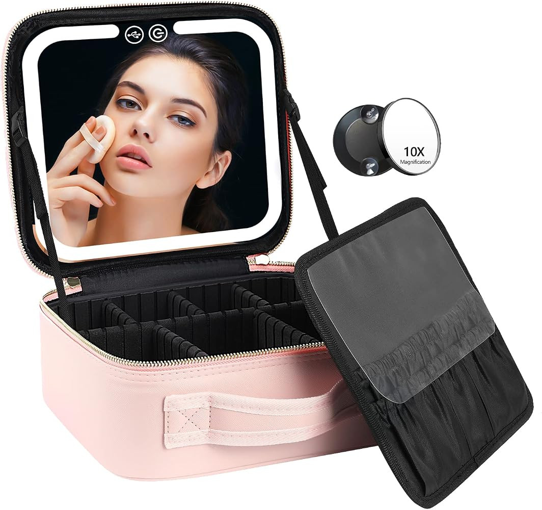 VANMRIOR Travel Makeup Bag with LED Lighted Make up Case with Mirror 3 Color Setting Cosmetic Mak... | Amazon (US)