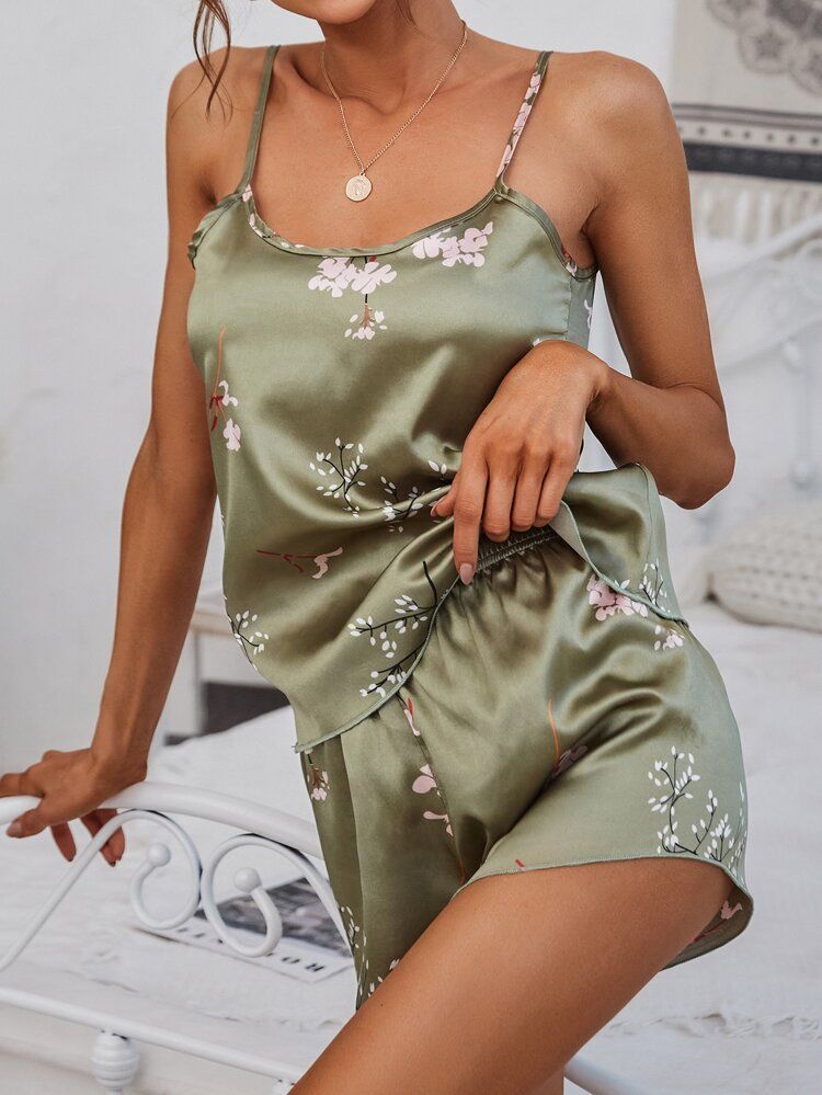 Floral Print Satin Cami Top & Shorts PJ Set | SHEIN