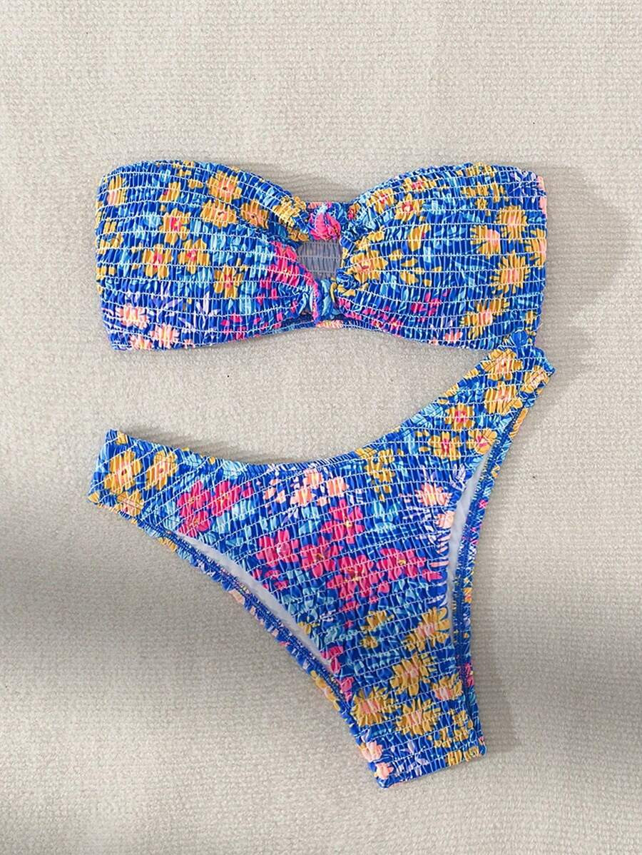 Swim Mod Women Bikini Swimwear Set, Random Print Strapless Push Up Bra With Bikini Bottom, Ideal ... | SHEIN