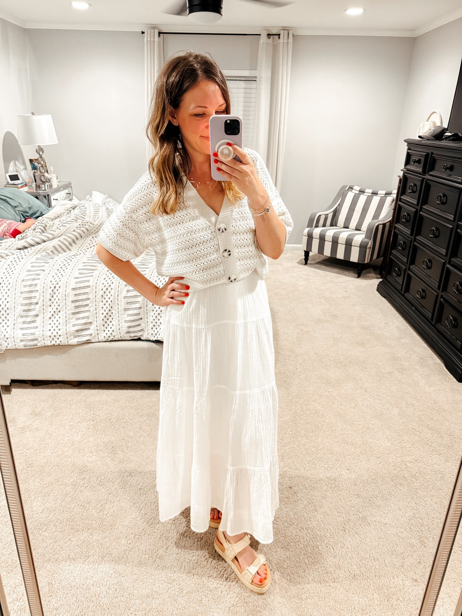 Target vacation look
Medium crochet top
Small white skirt 