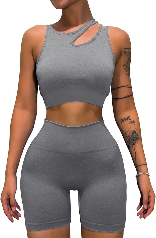 OLCHEE Women's Sexy Workout Set 2 Piece Tracksuit - Seamless High Waist Shorts Leggings and Sports B | Amazon (US)