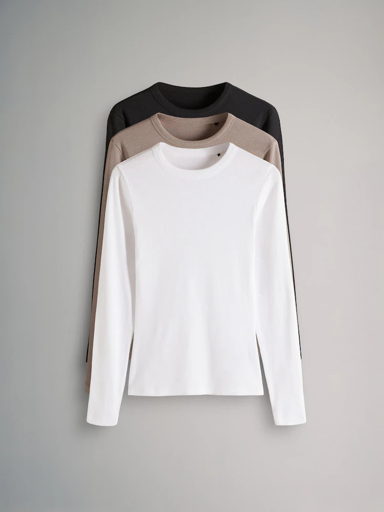 The Set Black/Taupe Brown/White 3 Pack Ribbed Long Sleeve T-Shirts | Next EU