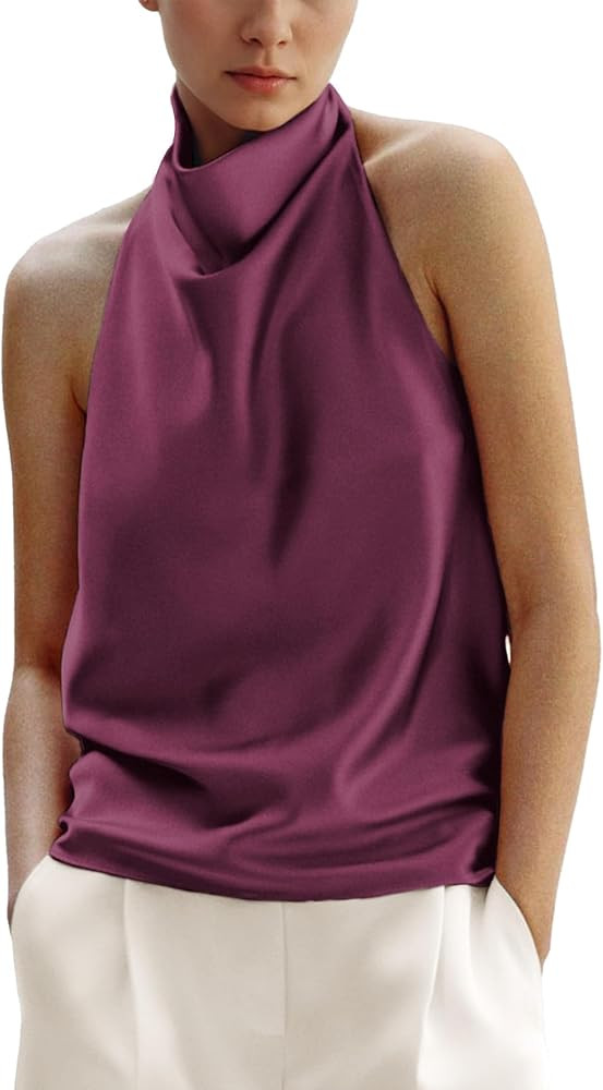 Women's Silk Satin Tank Tops Halter Draped Front Sexy Backless Womens Summer Tops Elegant Camisol... | Amazon (US)