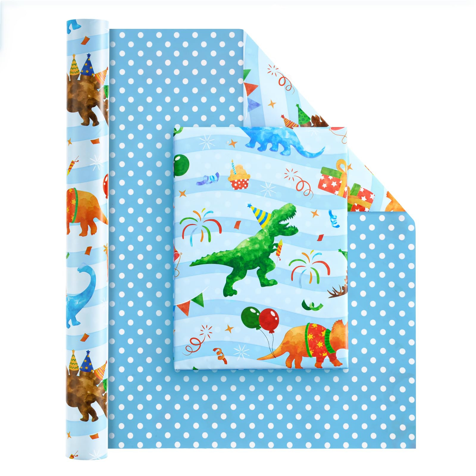 WERNNSAI Dinosaur Reversible Wrapping Paper Roll - 1 Roll 17” x 33 ft Happy Birthday Wrapping P... | Amazon (US)