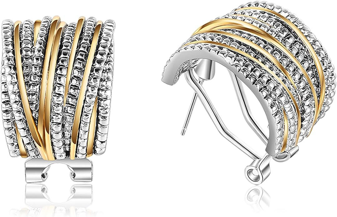 14k Gold Silver Earrings for Women, Crossover Half Hoop Earrings Two Tone Twisted Stud Lightweigh... | Amazon (US)