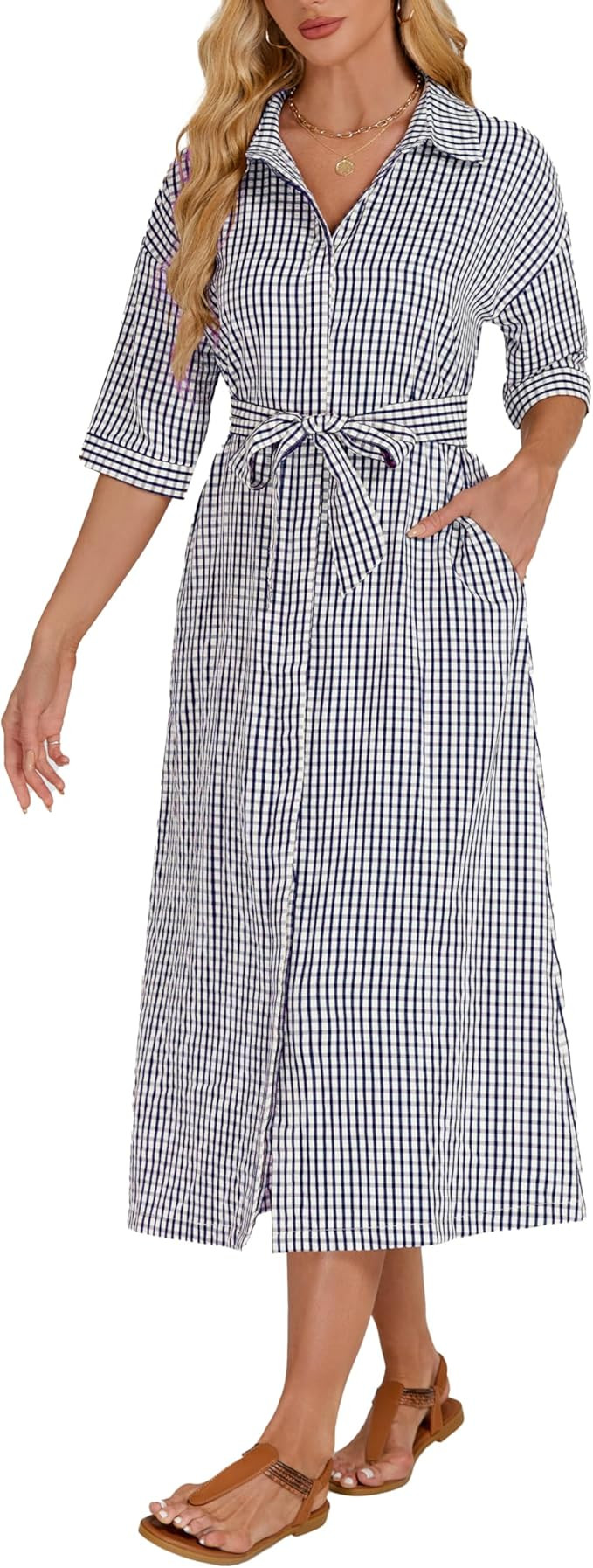 Women's Half Sleeve Plaid Maxi Dress Collar V Neck Belted Dress Casul Button Down Long Loose Dres... | Amazon (US)