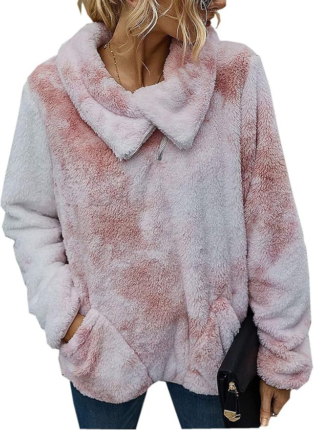 Angashion Womens Long Sleeve Half Zip Up Warm Fuzzy Leopard Print Patchwork Fleece Pullover Tops ... | Amazon (US)