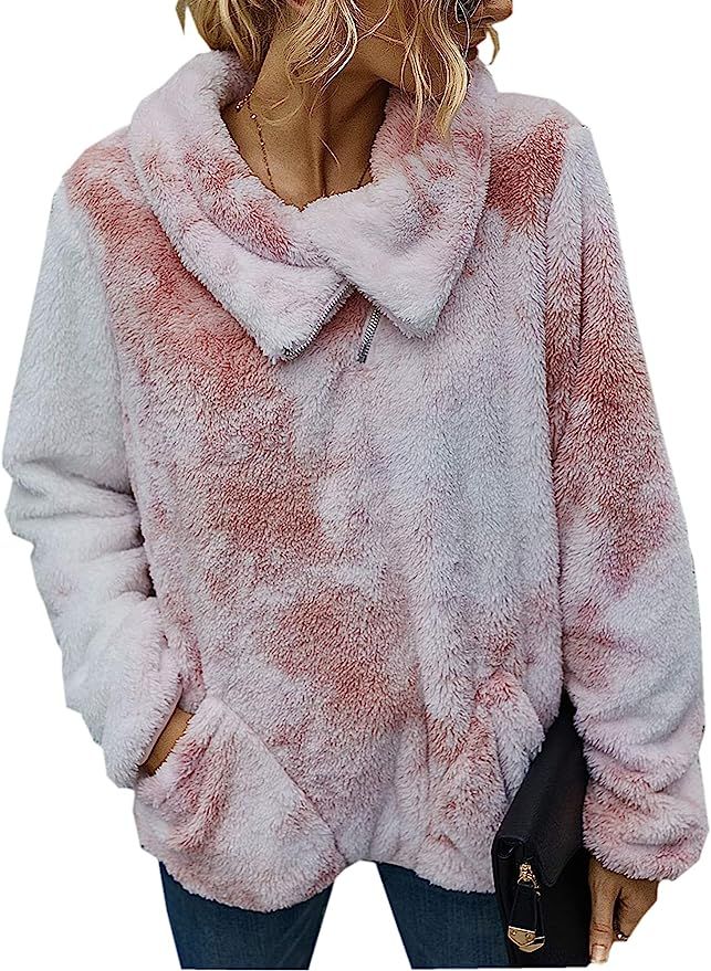 Angashion Womens Long Sleeve Half Zip Up Warm Fuzzy Leopard Print Patchwork Fleece Pullover Tops ... | Amazon (US)