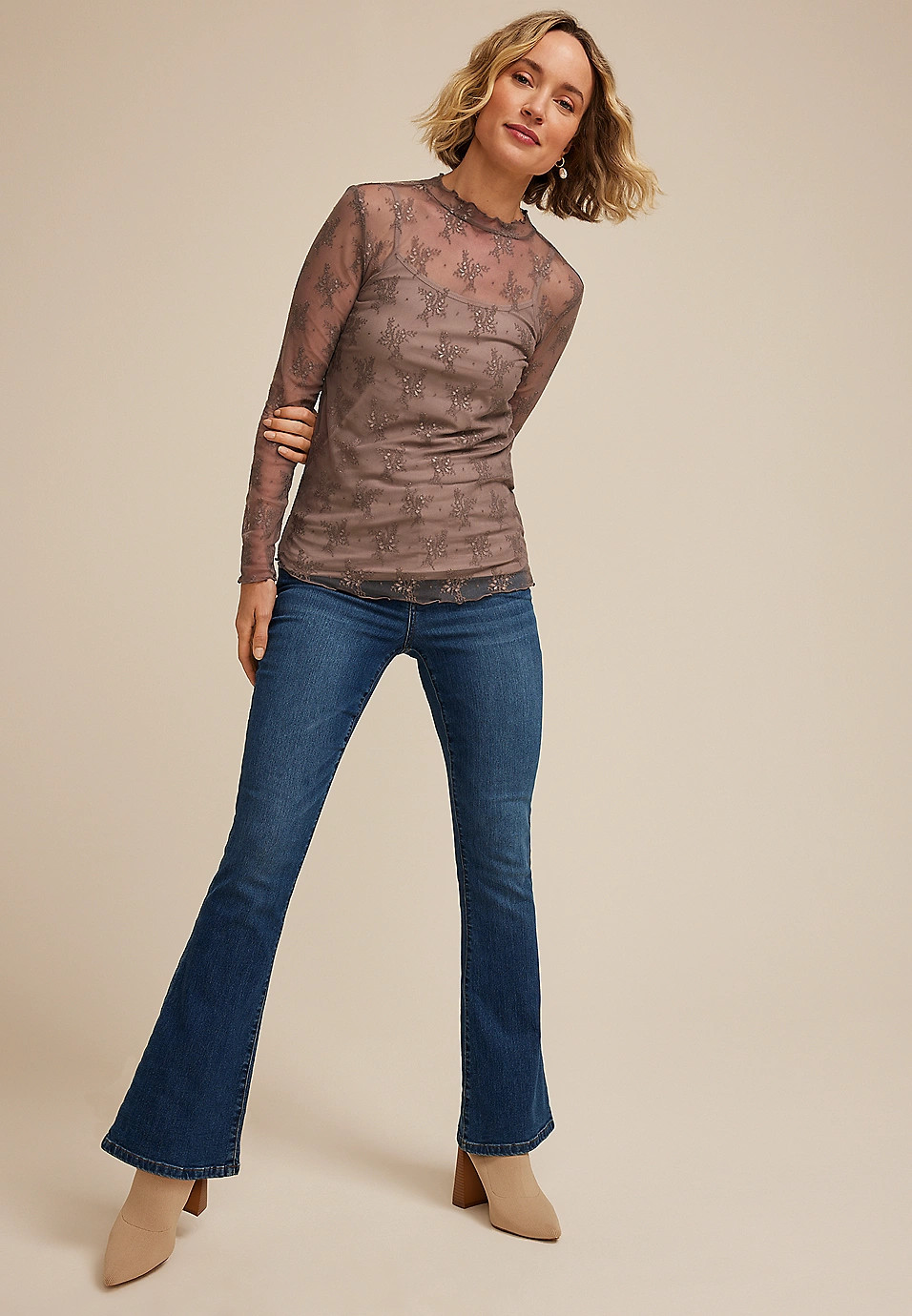 Embroidered Floral Sheer Lace Mock Neck Blouse | Maurices