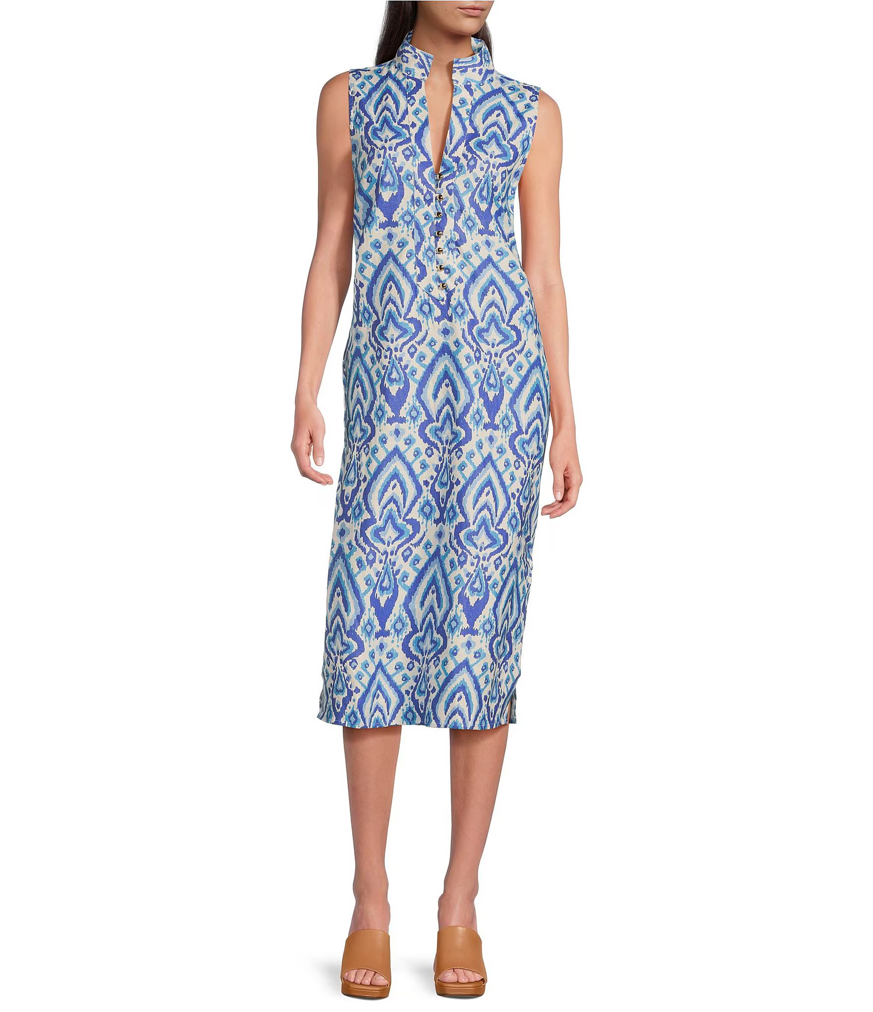 Linen Blend Ikat Print Stand Collar V-Neck Sleeveless Shift Midi Dress | Dillard's