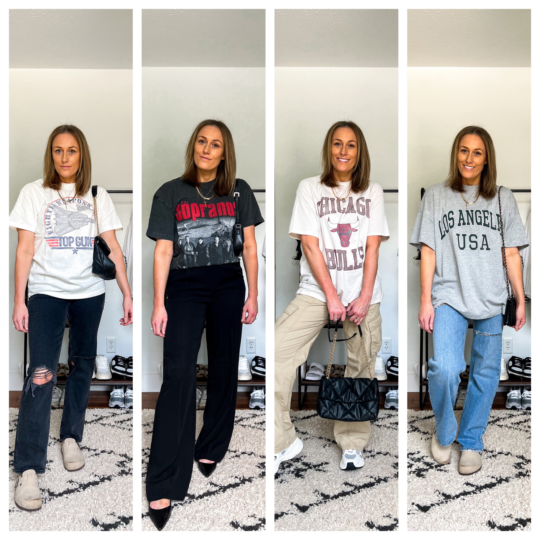 Oversized tee. Graphic tee. Straight jeans. Trousers. Cargo pants. Clogs. Slingback flats. Sneakers. Outfit idea. Summer outfit idea. Casual outfit idea.

Sizing 
1st tee: Medium
1st jeans: 4/27 regular
Went up a half size in the clogs.

2nd tee: Medium
Trousers are from Zara and cannot be linked, but I linked similar options.
Sling backs are TTS.

3rd tee: Large
Cargo pants: Sized up one to a 6.
Sneakers run TTS.

4th tee is old but I linked similar options.
Jeans: I sized up to a 6/28 Long - Perfect fit.