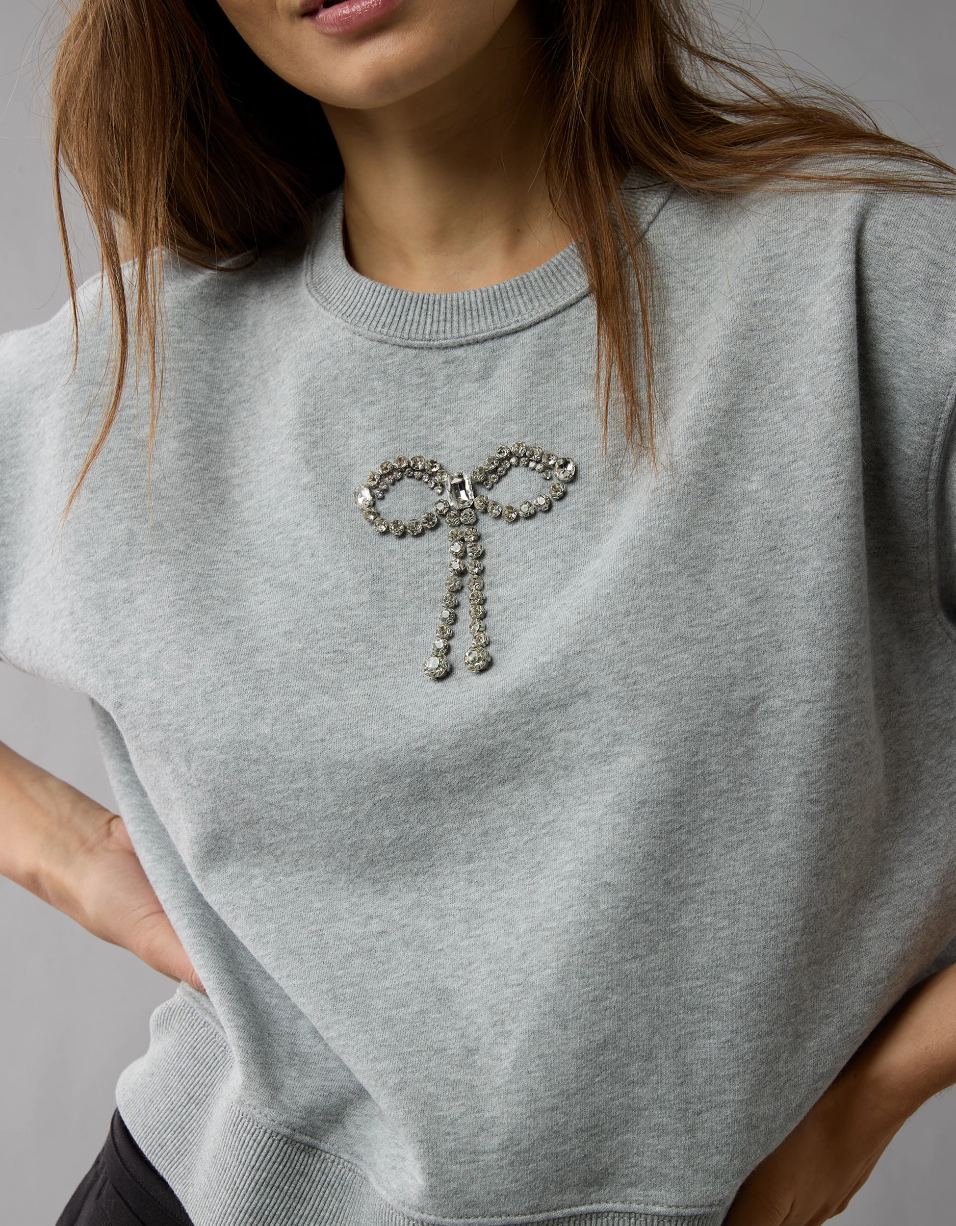AE Embellished Cropped Crew Neck Sweatshirt | American Eagle Outfitters (US & CA)