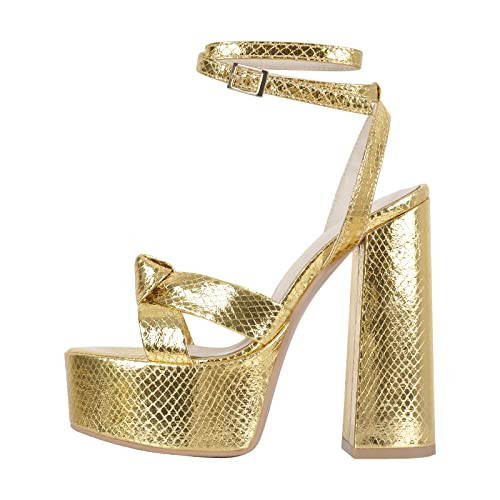 Onlymaker Gold Platform Heels for Women Chunky Heel Sexy Ankle Strap Chunky Block Heeled Sandals Open Toe Sparkly Metallic Gold Platform Chunky Heels Size 10 | Amazon (US)