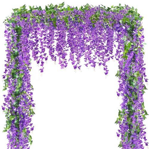 Sggvecsy 6Pcs Wisteria Garland Artificial Flowers Garland Fake Hanging Wisteria Vines Rattan Silk Hanging Flower Vines for Home Garden Outdoor Wedding Arch Party Ceremony Total 35.4Ft (Purple) | Amazon (US)