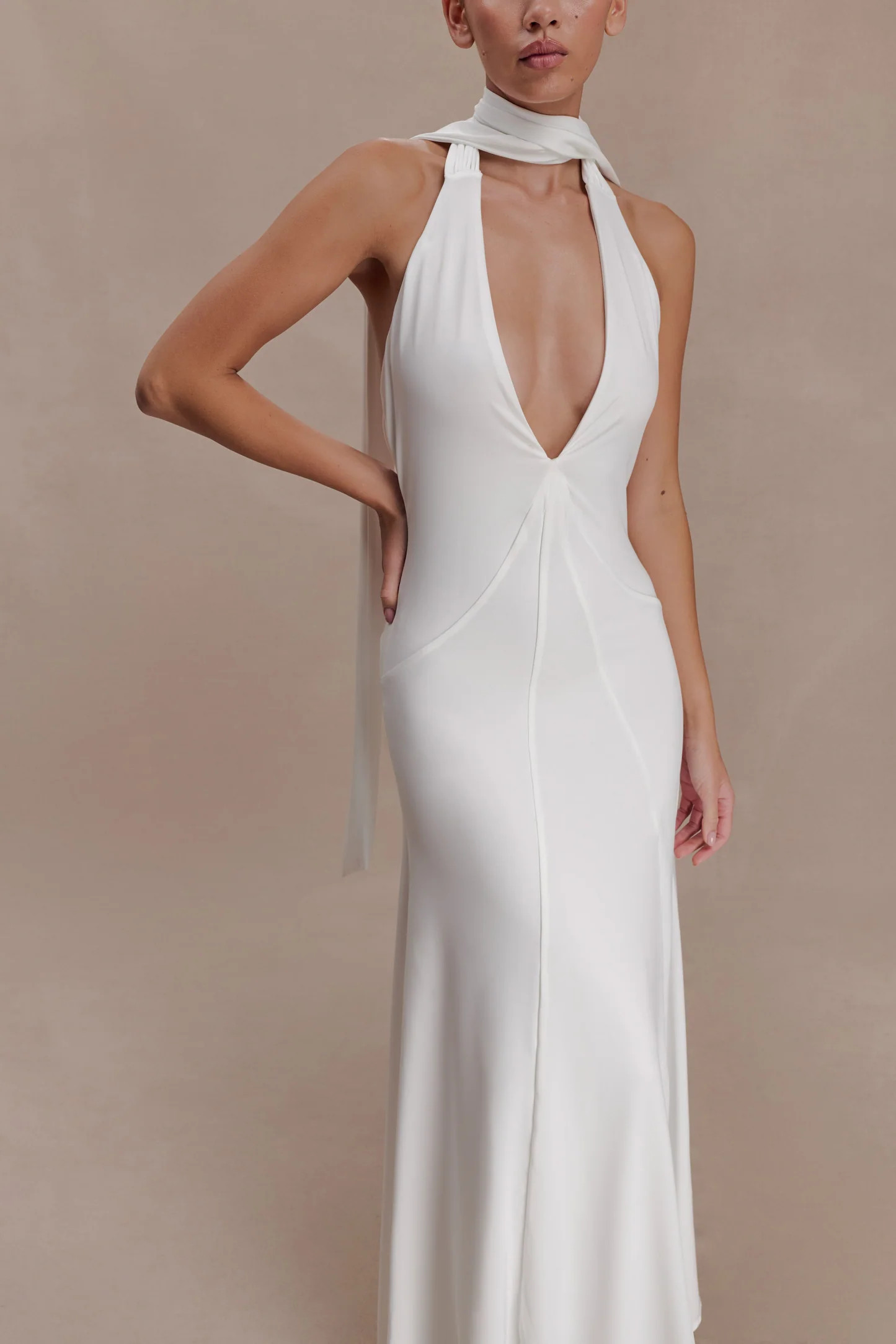 Juliet Slinky Maxi Dress With Scarf - White | Meshki UK