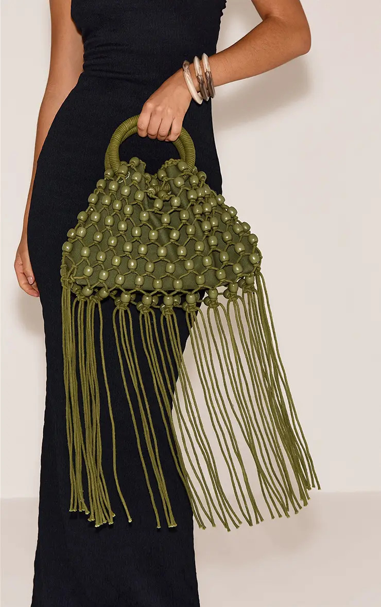 Olive PrettyLittleThing Beaded Weave Bucket Bag | Boohoo USA | boohoo (US & Canada)