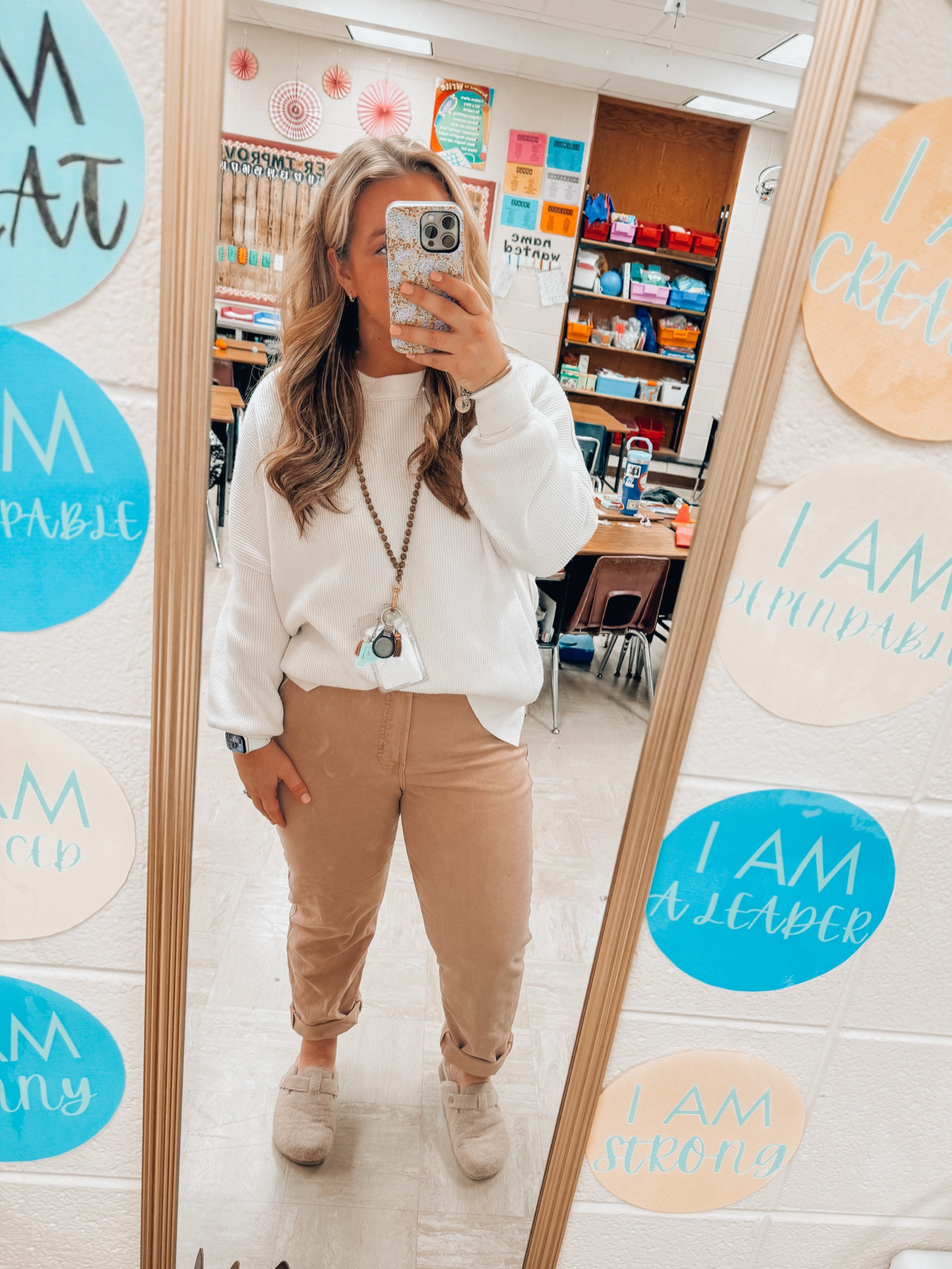 Cute but comfortable teacher outfit - high rise dusty pink straight leg pants - chunky white oversized sweater - buckle slip on clogs - cozy teacher vibes 

#LTKMidsize #LTKFindsUnder100 #LTKFindsUnder50