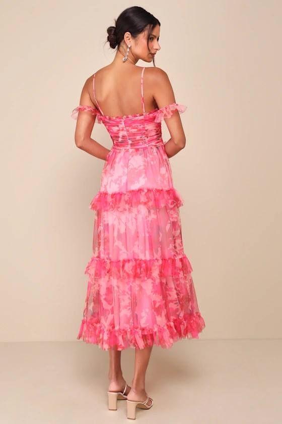 Exquisite Existence Pink Floral Mesh Pleated Ruffled Midi Dress | Lulus