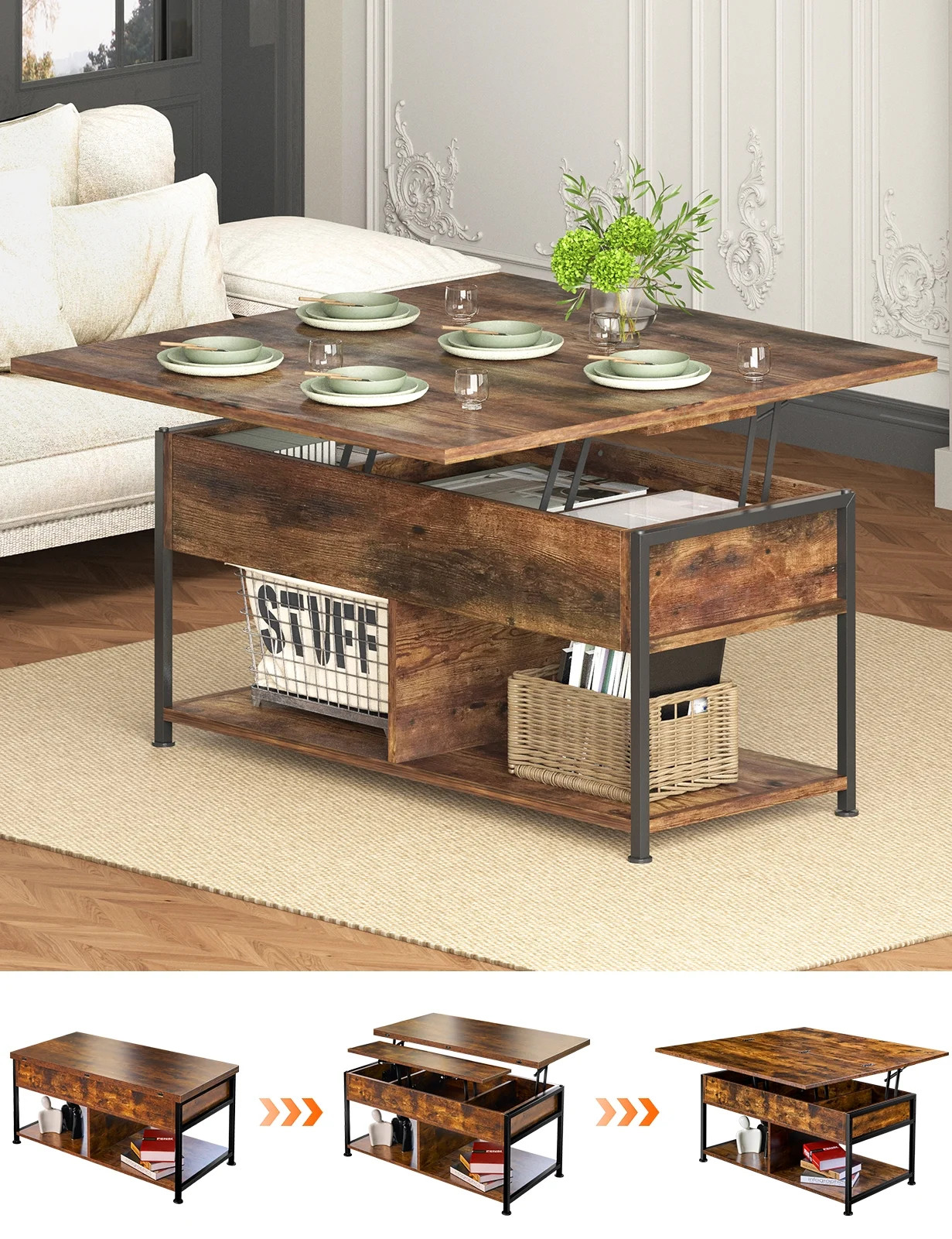 MONVANE 40" Lift Top Coffee Table with Storage for Living Room, Rustic Brown | Walmart (US)