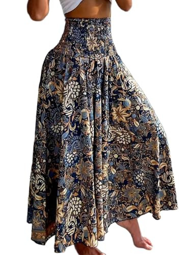 CHICME Boho Floral Shirred High Waisted Wide Leg Pants Flowy Trousers Summer Beach Vacation Wear | Amazon (US)