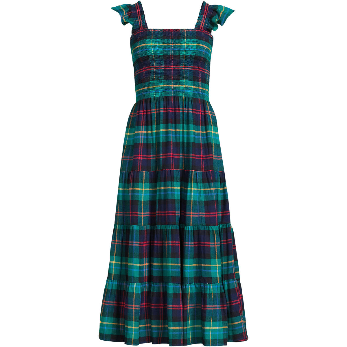 Women's Drapey Flannel Smocked Midi Dress with Ruffle Strap | Lands' End (US)