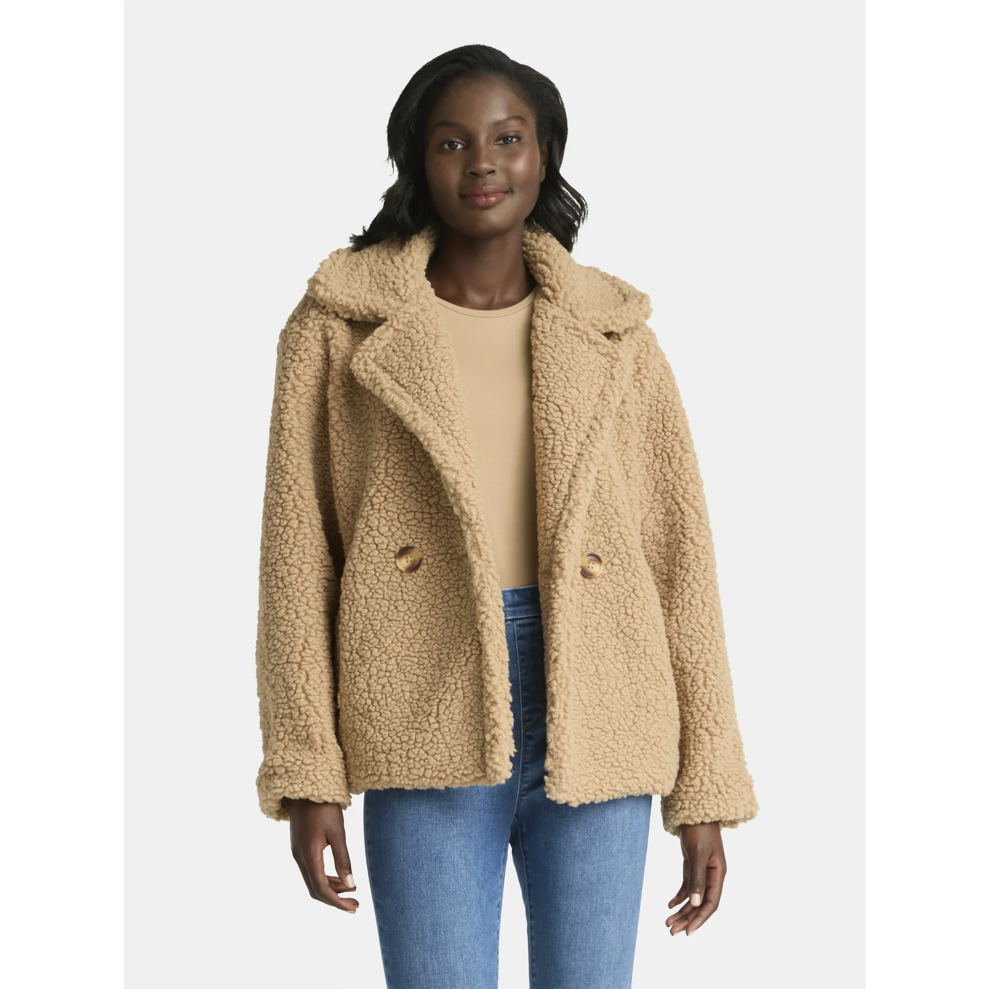 Time and Tru Women's Cozy Teddy Double Breasted Jacket, Sizes S-XL | Walmart (US)