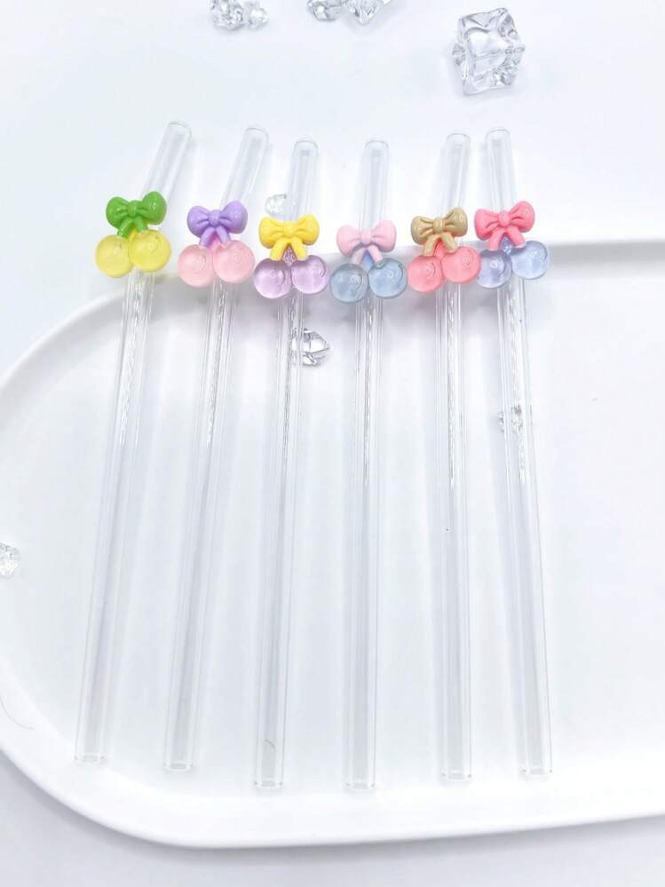 1 PC Cute Cartoon Bow Cherry Shaped Glass Straw Anti-Scalding,Reusable Transparent Straw For Iced... | SHEIN
