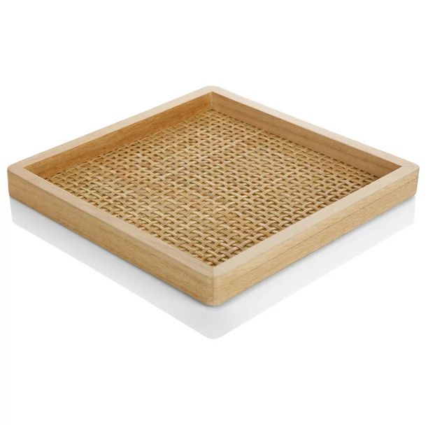 Home Décor Collection Natural Wood and Cane Decorative Display Tray, 7" x 7" | Walmart (US)