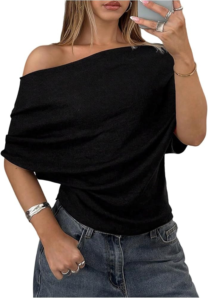 SHENHE Women's Off The Shoulder Sweater Short Sleeve Loose Fit Dressy Bat Wing Sweater Pullover | Amazon (US)