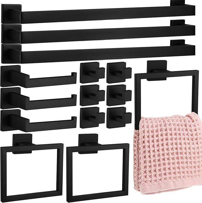 Gisafai 15 Pcs Black Bathroom Hardware Accessories Set 23.6 Inch Bath Towel Bar Kit Stainless Ste... | Amazon (US)
