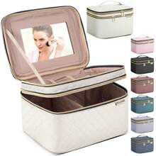 Large Makeup Bag With Mirror, Double Layer Travel Make Up Organizer Case, Large Capacity Coemetic Bag With Brush Slot Divider, Multi-Functional Travel | SHEIN