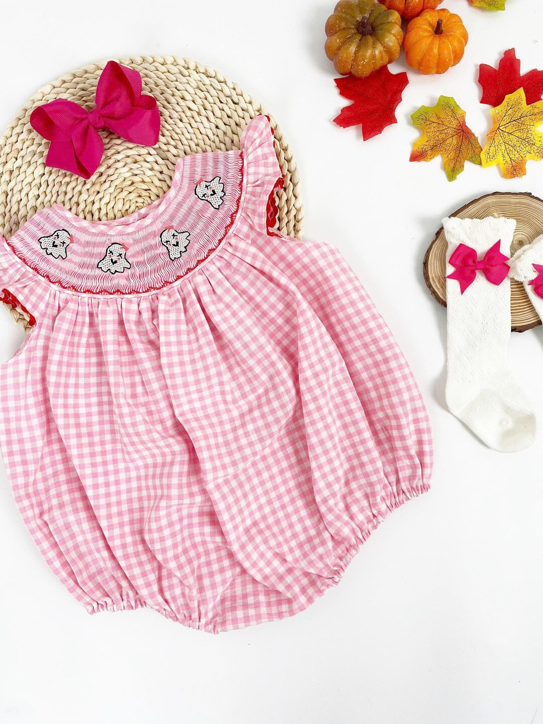 Smocked Halloween Bubble in Pink Gingham With Ghost ,toddler Girls Clothing, Heirlom,embroided Ro... | Etsy (US)