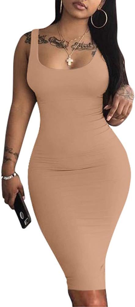 LAGSHIAN Women's Sexy Bodycon Tank Dress Sleeveless Basic Midi Club Dresses | Amazon (US)