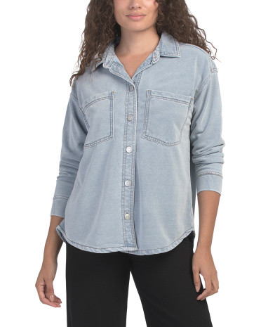 Cotton Blend Knit Button Down Top With Denim Effect | TJ Maxx