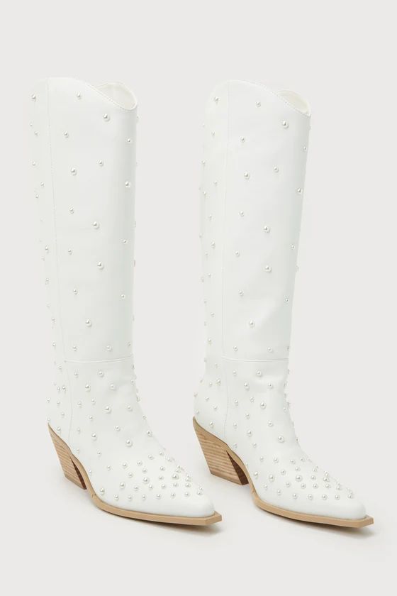 Edison White Pearl Pointed-Toe Knee-High Western Boots | Lulus
