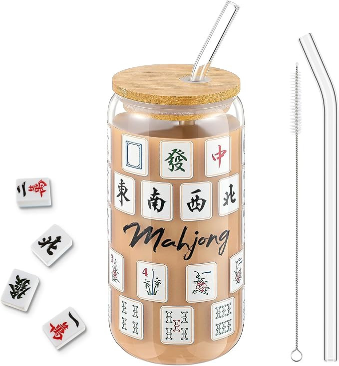Mahjong Gift Glass Tumbler Cup with Lid and Straw Mahjong Accessories Travel Coffee Mug 16 oz Mah... | Amazon (US)