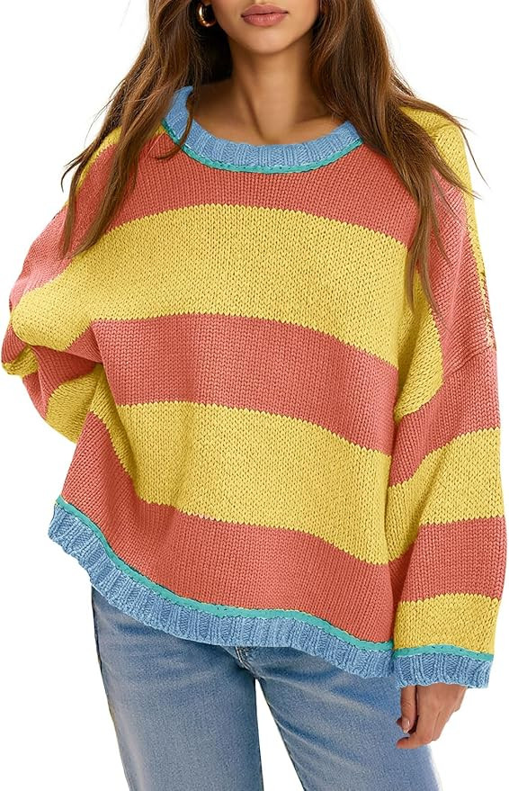 Fisoew Womens Oversized Sweaters Casual Long Sleeve Striped Color Block Crewneck Knitted Loose Fa... | Amazon (US)