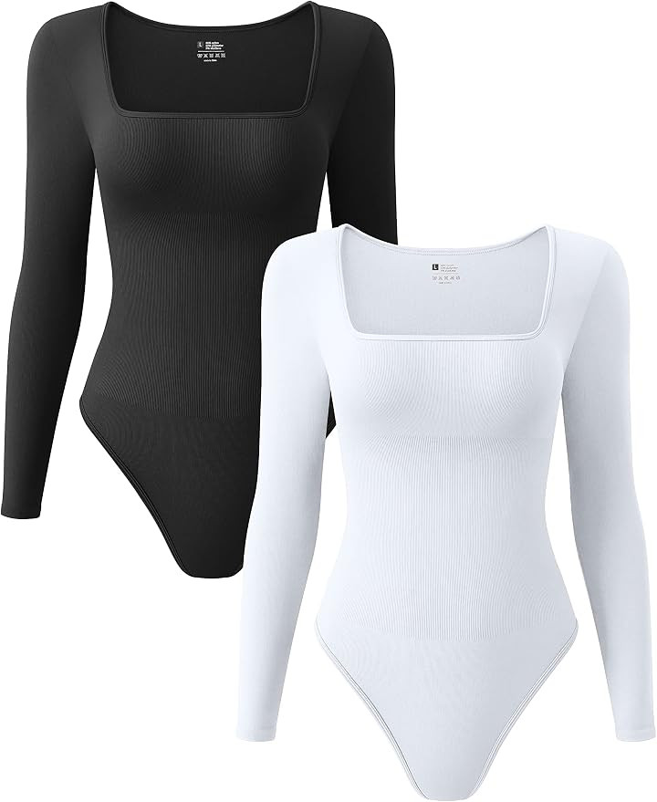 OQQ Women's 2 Piece Bodysuits Sexy Ribbed One Piece Square Neck Long Sleeve Bodysuits | Amazon (US)