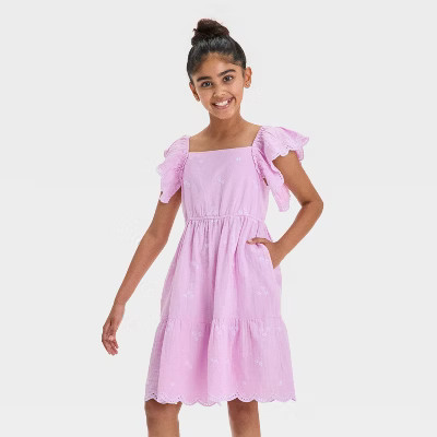 Girls' Flutter Sleeve Embroidered Woven Dress - Cat & Jack™ Lilac S | Target