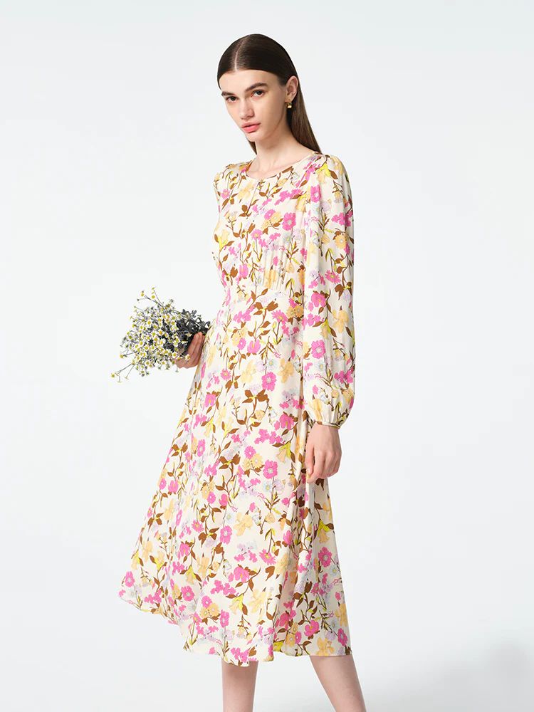19 Momme Mulberry Silk Floral Printed Women Midi Dress | GOELIA
