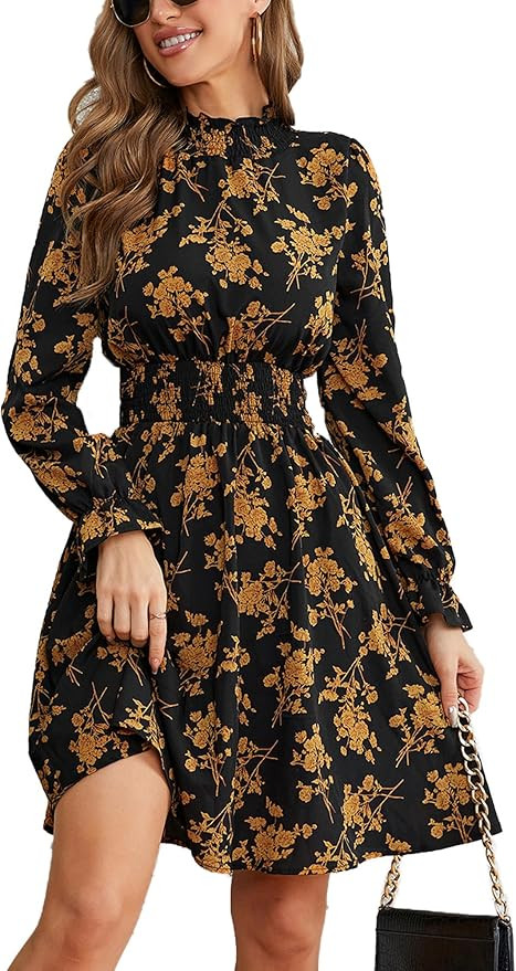 Women Long Sleeve Fall Wedding Guest Dress 2024 High Neck Flowy Smocked Dresses | Amazon (US)