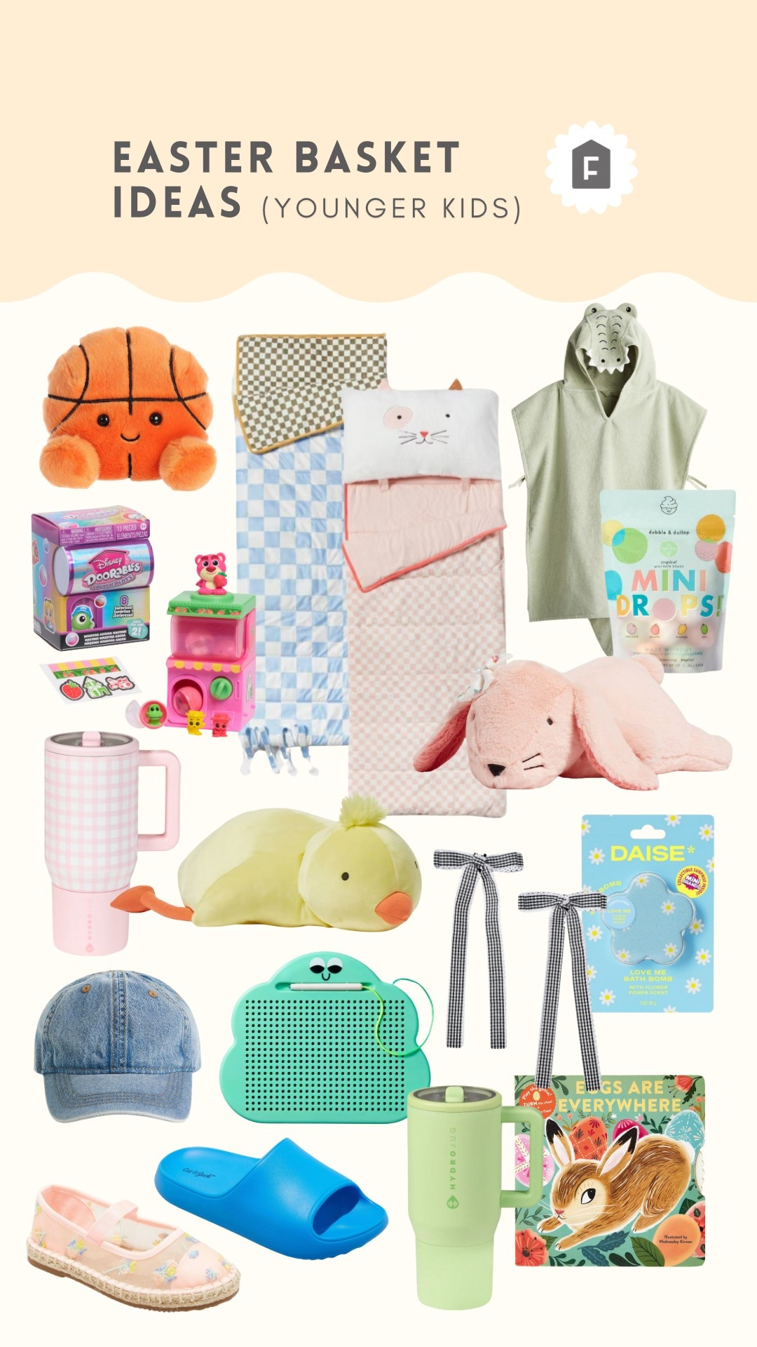 Easter basket ideas for littles! I’m particularly smitten by these mesh floral flats and a doorables vending machine! 😍 Freddy in an alligator towel might be too much for me to handle.